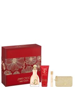 JIMMY CHOO I WANT CHOO 4 PCS SET FOR WOMEN: 3.3 EAU DE PARFUM SPRAY + 0.25 EAU DE PARFUM SPRAY + 3.3 BODY LOTION + POUCH